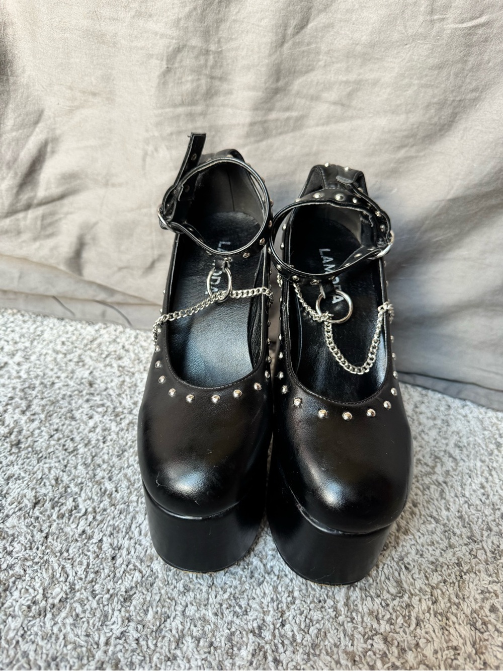 Black Platform Mary Jane Heels with Silver Studs & Chain Trim